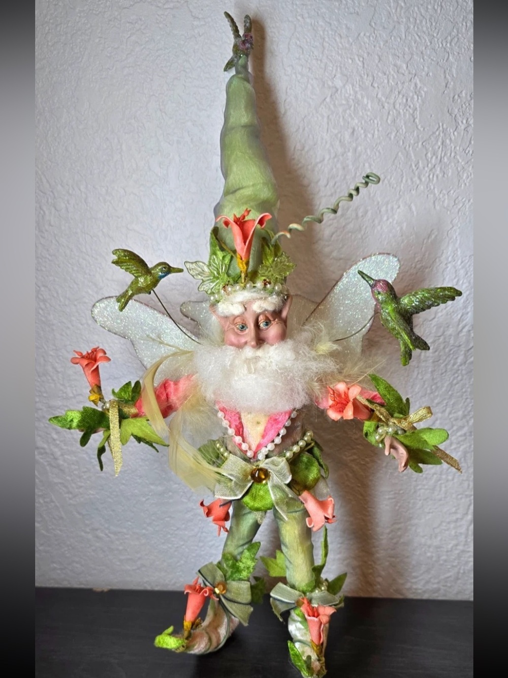 Mark Roberts Collection Hummingbird Fairy 15" Poseable Green Pink Floral Elf
